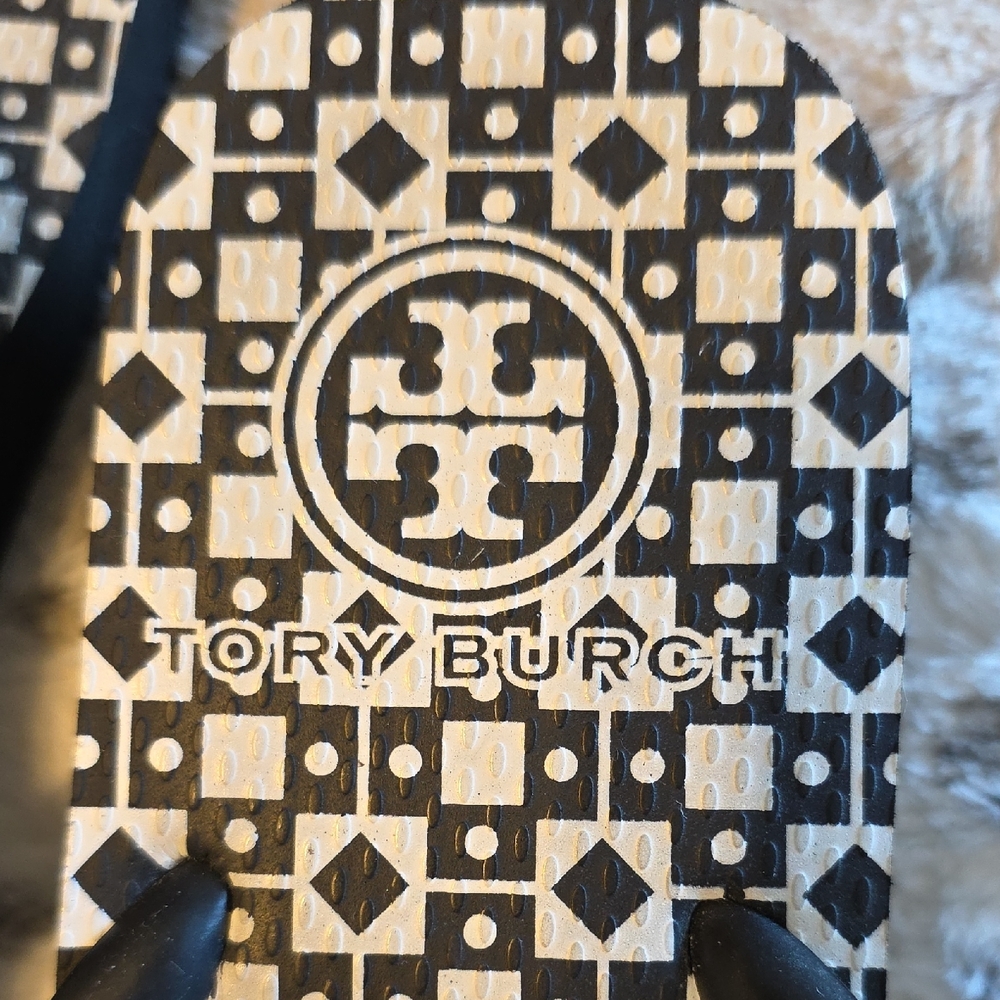 Tory Burch Black and White Logo Print Wedge Flip Flops - Picture 2 of 4